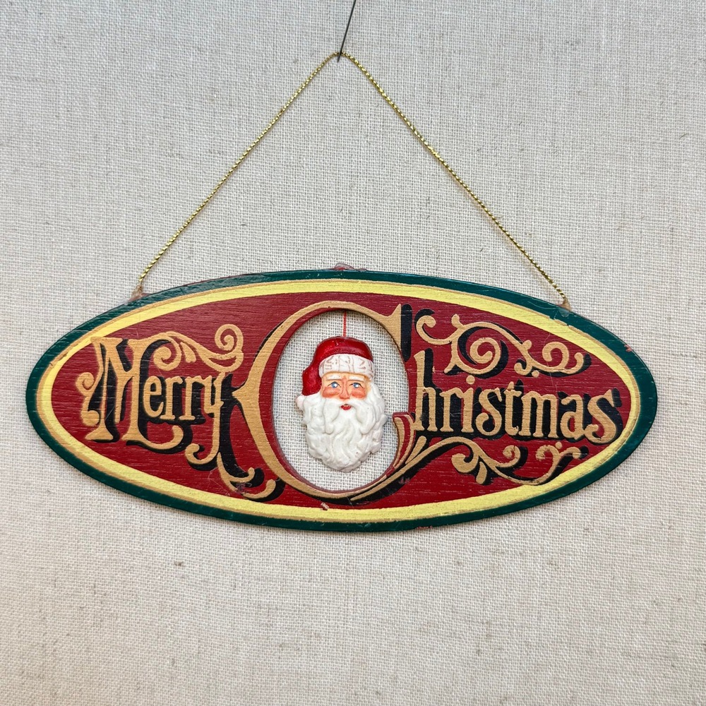 Vintage Merry Christmas Oval Wood Wall Sign 3D Santa Claus Head Hanging Decor